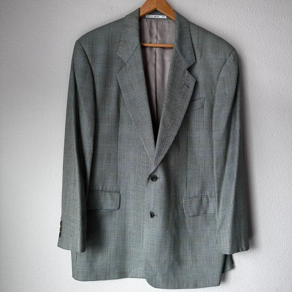 Hugo Boss Saks Fifth Avenue Men's Blazer Plaid 2 Button Shoulder Pads Green Gray
